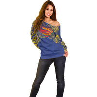 Super Samoan Traditional Tribal Art Tattoos Off Shoulder Sweater Blue Color - Polynesian Pride