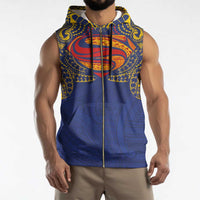 Super Samoan Traditional Tribal Art Tattoos Sleeveless Zip Hoodie Blue Color - Polynesian Pride