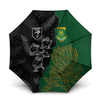 Aotearoa South Africa Rugby Freedom Cup Umbrella Kiwi Warriors Haka with King Protea Symbol LT03 One Size Folded 11.42 inch Opened Diameter 37.4 inch Green - Polynesian Pride