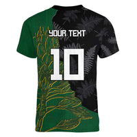 Custom Aotearoa South Africa Rugby Freedom Cup Women V-Neck T-Shirt Kiwi Warriors Haka with King Protea Symbol - Polynesian Pride