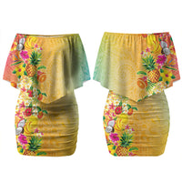 Hawaiian Tropical Fruits and Plants Family Matching Off Shoulder Short Dress and Hawaiian Shirt Kakau Pattern Summer Vibe LT03 Mom's Dress Multicolor - Polynesian Pride