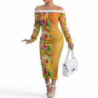 Hawaiian Tropical Fruits and Plants Off The Shoulder Long Sleeve Dress Kakau Pattern Summer Vibe