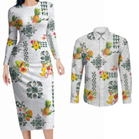 Hawaiian Quilts Couples Matching Long Sleeve Bodycon Dress and Long Sleeve Button Shirt Tropical Fruits and Plants