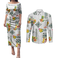 Hawaiian Quilts Couples Matching Puletasi and Long Sleeve Button Shirt Tropical Fruits and Plants