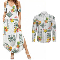Hawaiian Quilts Couples Matching Summer Maxi Dress and Long Sleeve Button Shirt Tropical Fruits and Plants