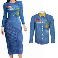 Tuvalu Heritage Couples Matching Long Sleeve Bodycon Dress and Long Sleeve Button Shirt Map of the Islands and Polynesia Pattern