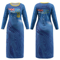 Tuvalu Heritage Couples Matching Long Sleeve Bodycon Dress and Long Sleeve Button Shirt Map of the Islands and Polynesia Pattern