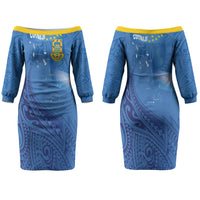 Tuvalu Heritage Couples Matching Off The Shoulder Long Sleeve Dress and Long Sleeve Button Shirt Map of the Islands and Polynesia Pattern
