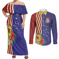 Kiribati Heritage Couples Matching Off Shoulder Maxi Dress and Long Sleeve Button Shirt Map of the Islands and Polynesia Pattern