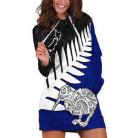 Aotearoa New Zealand Hoodie Dress Silver Fern Kiwi Bird and NZ Map with Maori Tribal Blue Style LT03 Blue - Polynesian Pride