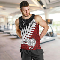 Aotearoa New Zealand Men Tank Top Silver Fern Kiwi Bird and NZ Map with Maori Tribal Red Style LT03 - Polynesian Pride