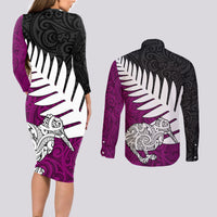 Aotearoa New Zealand Couples Matching Long Sleeve Bodycon Dress and Long Sleeve Button Shirts Silver Fern Kiwi Bird and NZ Map with Maori Tribal Pink Style LT03 - Polynesian Pride