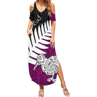 Aotearoa New Zealand Summer Maxi Dress Silver Fern Kiwi Bird and NZ Map with Maori Tribal Pink Style LT03 Women Red - Polynesian Pride