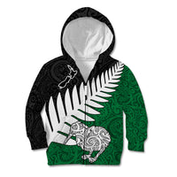 Aotearoa New Zealand Kid Hoodie Silver Fern Kiwi Bird and NZ Map with Maori Tribal Green Style LT03 - Polynesian Pride