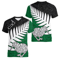 Aotearoa New Zealand Women V Neck T Shirt Silver Fern Kiwi Bird and NZ Map with Maori Tribal Green Style LT03 - Polynesian Pride