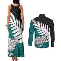 Aotearoa New Zealand Couples Matching Tank Maxi Dress and Long Sleeve Button Shirts Silver Fern Kiwi Bird and NZ Map with Maori Tribal Turquoise Style LT03 - Polynesian Pride