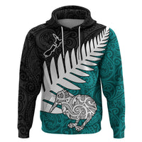 Aotearoa New Zealand Hoodie Silver Fern Kiwi Bird and NZ Map with Maori Tribal Turquoise Style LT03 Pullover Hoodie Turquoise - Polynesian Pride