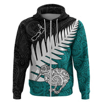 Aotearoa New Zealand Hoodie Silver Fern Kiwi Bird and NZ Map with Maori Tribal Turquoise Style LT03 Zip Hoodie Turquoise - Polynesian Pride