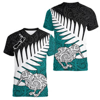 Aotearoa New Zealand Women V Neck T Shirt Silver Fern Kiwi Bird and NZ Map with Maori Tribal Turquoise Style LT03 - Polynesian Pride