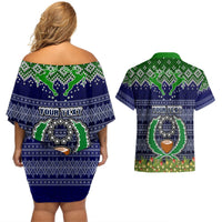 Personalised Pohnpei State Christmas Couples Matching Off Shoulder Short Dress and Hawaiian Shirt Coat of Arms Beautiful Merry Xmas Snowflake LT03 - Polynesian Pride