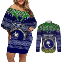 Personalised Chuuk State Christmas Couples Matching Off Shoulder Short Dress and Long Sleeve Button Shirts Coat of Arms Beautiful Merry Xmas Snowflake LT03 Blue - Polynesian Pride