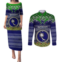 Personalised Chuuk State Christmas Couples Matching Puletasi Dress and Long Sleeve Button Shirts Coat of Arms Beautiful Merry Xmas Snowflake LT03 Blue - Polynesian Pride