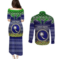 Personalised Chuuk State Christmas Couples Matching Puletasi Dress and Long Sleeve Button Shirts Coat of Arms Beautiful Merry Xmas Snowflake LT03 - Polynesian Pride