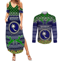 Personalised Chuuk State Christmas Couples Matching Summer Maxi Dress and Long Sleeve Button Shirts Coat of Arms Beautiful Merry Xmas Snowflake LT03 Blue - Polynesian Pride