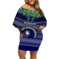 Personalised Chuuk State Christmas Off Shoulder Short Dress Coat of Arms Beautiful Merry Xmas Snowflake LT03 Women Blue - Polynesian Pride