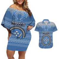 Kosrae Christmas Couples Matching Off Shoulder Short Dress and Hawaiian Shirt Coat of Arms Beautiful Merry Xmas Snowflake LT03 Blue - Polynesian Pride