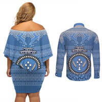 kosrae-christmas-couples-matching-off-shoulder-short-dress-and-long-sleeve-button-shirts-coat-of-arms-beautiful-merry-xmas-snowflake
