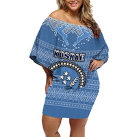 Kosrae Christmas Off Shoulder Short Dress Coat of Arms Beautiful Merry Xmas Snowflake LT03 Women Blue - Polynesian Pride