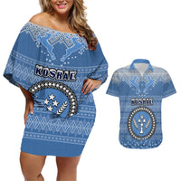 Personalised Kosrae Christmas Couples Matching Off Shoulder Short Dress and Hawaiian Shirt Coat of Arms Beautiful Merry Xmas Snowflake LT03 Blue - Polynesian Pride