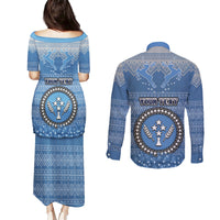 Personalised Kosrae Christmas Couples Matching Puletasi Dress and Long Sleeve Button Shirts Coat of Arms Beautiful Merry Xmas Snowflake LT03 - Polynesian Pride