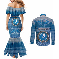 Personalised Yap Christmas Couples Matching Mermaid Dress and Long Sleeve Button Shirts Coat of Arms Beautiful Merry Xmas Snowflake LT03 - Polynesian Pride