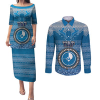 Personalised Yap Christmas Couples Matching Puletasi Dress and Long Sleeve Button Shirts Coat of Arms Beautiful Merry Xmas Snowflake LT03 Blue - Polynesian Pride