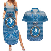Personalised Yap Christmas Couples Matching Summer Maxi Dress and Hawaiian Shirt Coat of Arms Beautiful Merry Xmas Snowflake LT03 Blue - Polynesian Pride