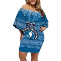 Personalised Yap Christmas Off Shoulder Short Dress Coat of Arms Beautiful Merry Xmas Snowflake LT03 Women Blue - Polynesian Pride