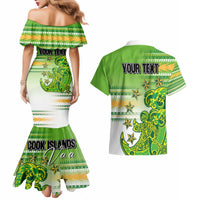 Personalised Cook Islands Va'a Race Couples Matching Mermaid Dress and Hawaiian Shirt Te Tatau Tattoos Sporty Style Green-White Color - Polynesian Pride