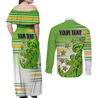 Personalised Cook Islands Va'a Race Couples Matching Off Shoulder Maxi Dress and Long Sleeve Button Shirt Te Tatau Tattoos Sporty Style Green-White Color - Polynesian Pride