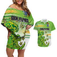 Personalised Cook Islands Va'a Race Couples Matching Off Shoulder Short Dress and Hawaiian Shirt Te Tatau Tattoos Sporty Style Green-White Color - Polynesian Pride