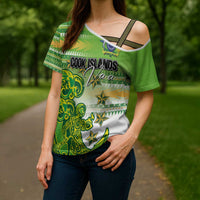 Personalised Cook Islands Va'a Race Cross Shoulder Shirt Te Tatau Tattoos Sporty Style Green-White Color - Polynesian Pride