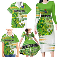 Personalised Cook Islands Va'a Race Family Matching Long Sleeve Bodycon Dress and Hawaiian Shirt Te Tatau Tattoos Sporty Style Green-White Color - Polynesian Pride