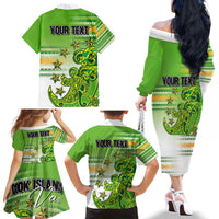 Personalised Cook Islands Va'a Race Family Matching Off The Shoulder Long Sleeve Dress and Hawaiian Shirt Te Tatau Tattoos Sporty Style Green-White Color - Polynesian Pride
