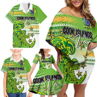 Personalised Cook Islands Va'a Race Family Matching Off Shoulder Short Dress and Hawaiian Shirt Te Tatau Tattoos Sporty Style Green-White Color - Polynesian Pride