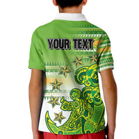 Personalised Cook Islands Va'a Race Kid Polo Shirt Te Tatau Tattoos Sporty Style Green-White Color - Polynesian Pride