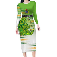 Personalised Cook Islands Va'a Race Long Sleeve Bodycon Dress Te Tatau Tattoos Sporty Style Green-White Color - Polynesian Pride