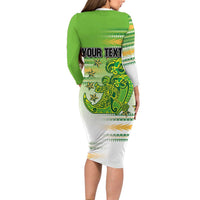 Personalised Cook Islands Va'a Race Long Sleeve Bodycon Dress Te Tatau Tattoos Sporty Style Green-White Color - Polynesian Pride