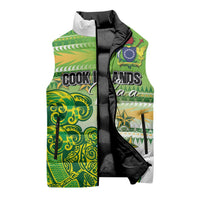 Personalised Cook Islands Va'a Race Sleeveless Puffer Jacket Te Tatau Tattoos Sporty Style Green-White Color - Polynesian Pride