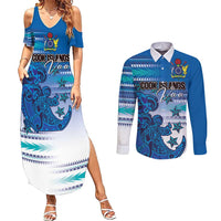 Personalised Cook Islands Va'a Race Couples Matching Summer Maxi Dress and Long Sleeve Button Shirt Te Tatau Tattoos Sporty Style Light Blue Color - Polynesian Pride